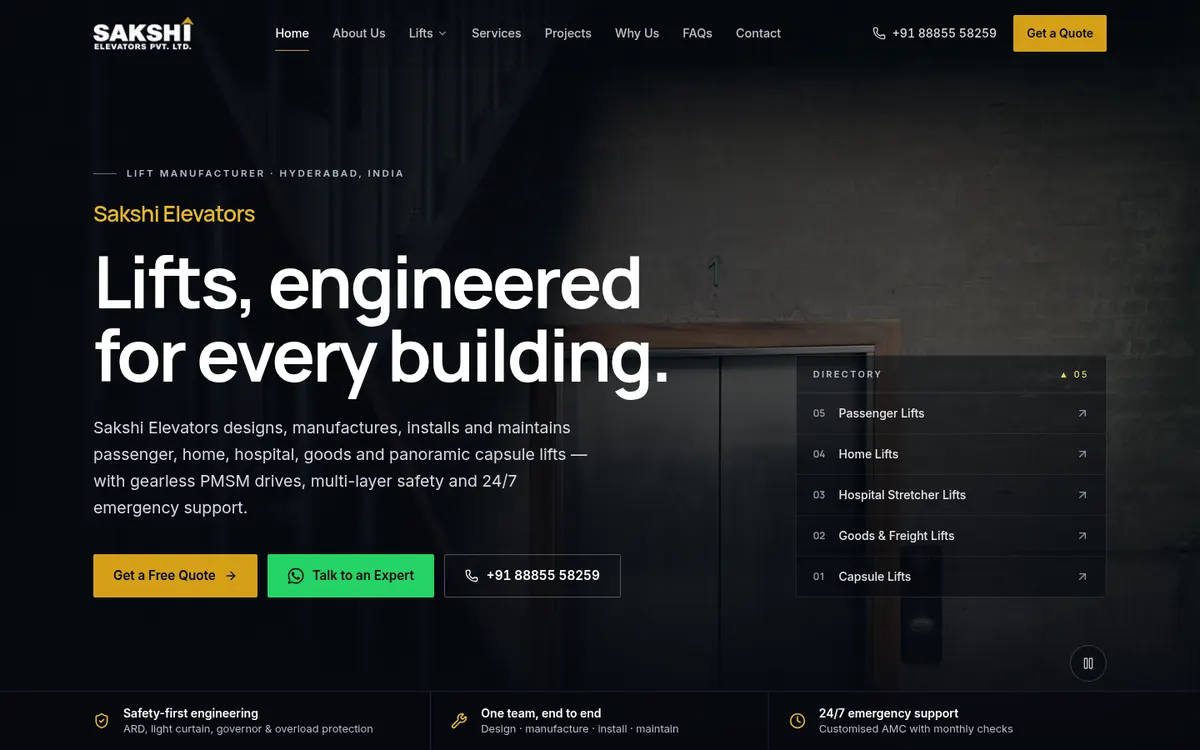 Home page of the Sakshi Elevators website designed by Jasp Media